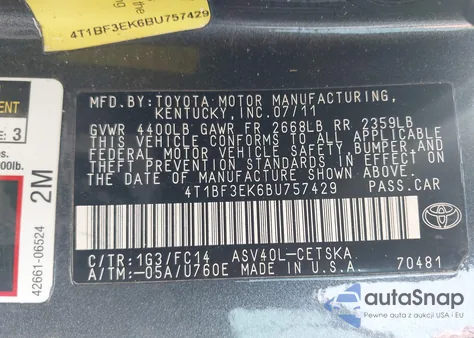 2011 Toyota Camry Se z USA, uszkodzony, nr VIN 4T1BF3EK6BU757429